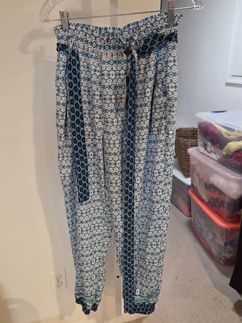 Blue Printed Drawstring Waist Women’s Pants